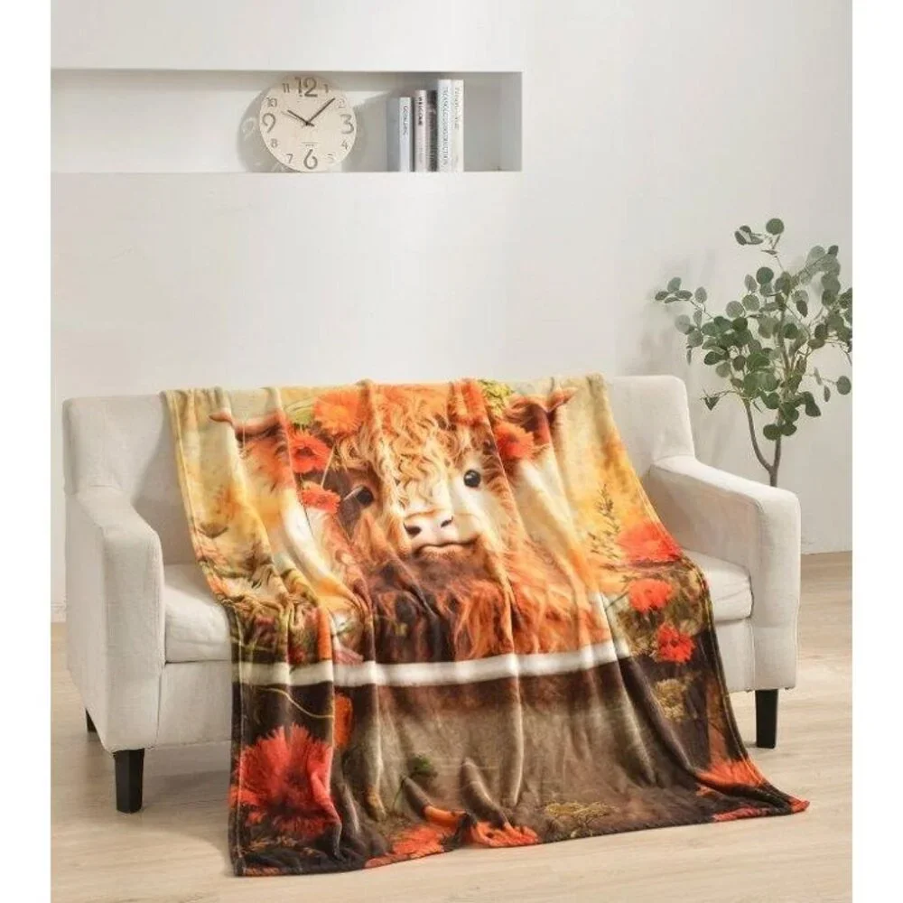 New Highland Calf Plush Throw Blanket Gift Farm Horns Bull Daisies NIP Cow Photo - Picture 3 of 4